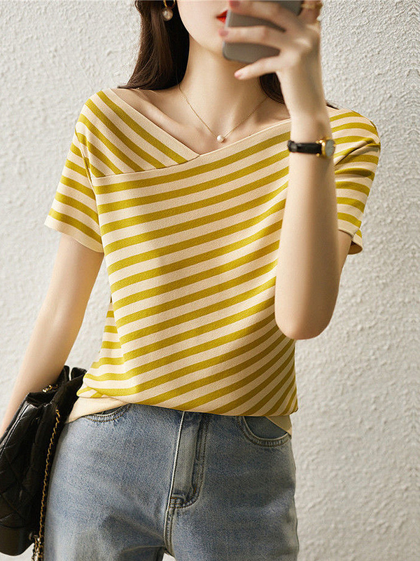 Camiseta de moda a rayas de punto con cuello V camiseta casual para ocasión femenina