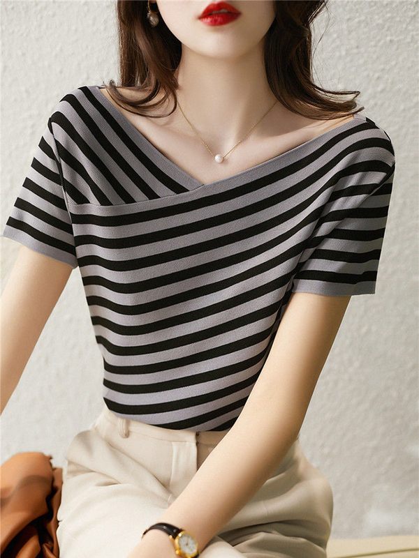 Camiseta de moda a rayas de punto con cuello V camiseta casual para ocasión femenina