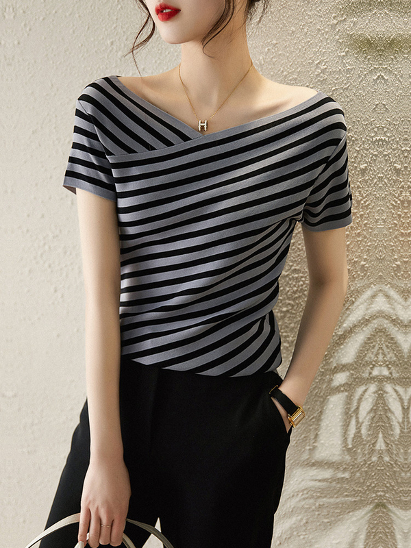 Camiseta de moda a rayas de punto con cuello V camiseta casual para ocasión femenina